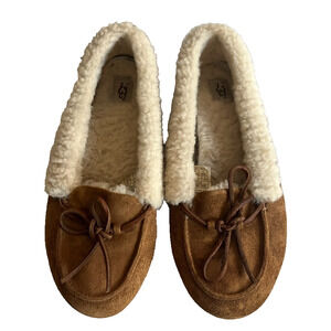 UGG Chestnut Suede Moccasin Slippers with Cream Shearling Lining